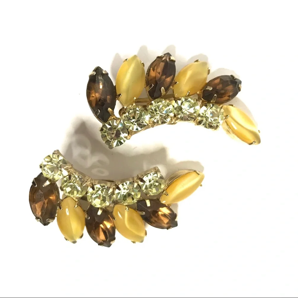 Vintage Rhinestone Earrings Ear Climbers Clip Gold